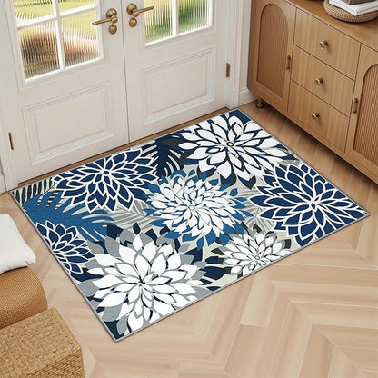 2x3 Washable Small Rug Tropical Botanical Modern Floral Indoor Chenille Door Mat Carpet Non Slip for Patio, Entry Way, Entrance, Porch, Blue