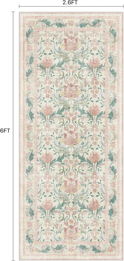 Bavni 2'6''x6 Runner Rug,Microfiber Washable Non-Slip Vintage Floral Rugs,Low Pile Lightweight Carpet for Bedroom,Hallway,Entryway,Kitchen,Bathroom, Beige&Pink