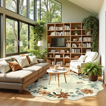 Lahome Floral Washable Round Area Rug, Round Rug 5ft Soft Non-Slip, Non-Shedding Boho Circle Carpet for Bedroom Living Room Bathroom Nursery Kitchen, Beige