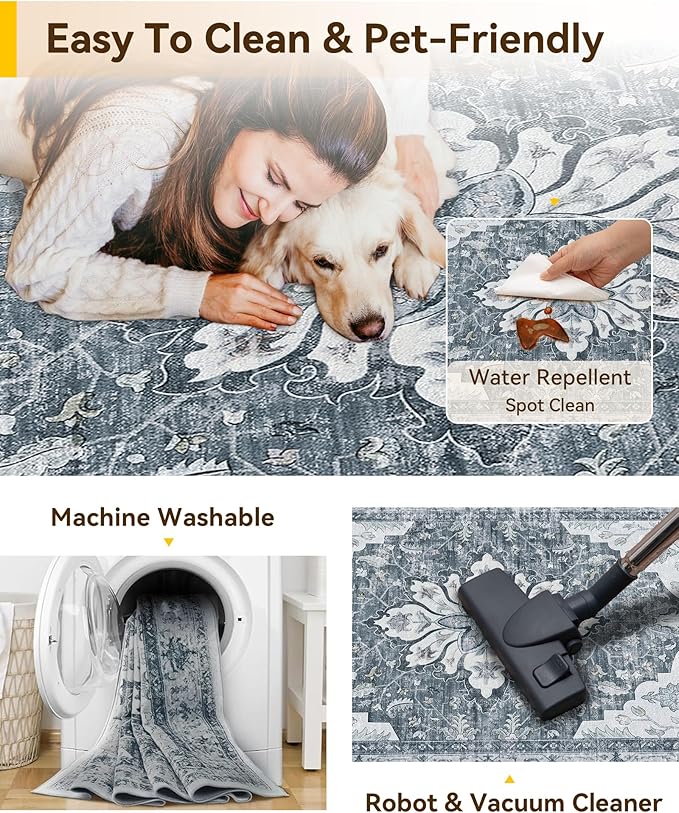 Area Rugs 4'x6' Washable Non-Slip, Floral Vintage Distress Print Pattern Medallion Carpet for Living Room Bedroom Dining Room, Light Gray Grey White