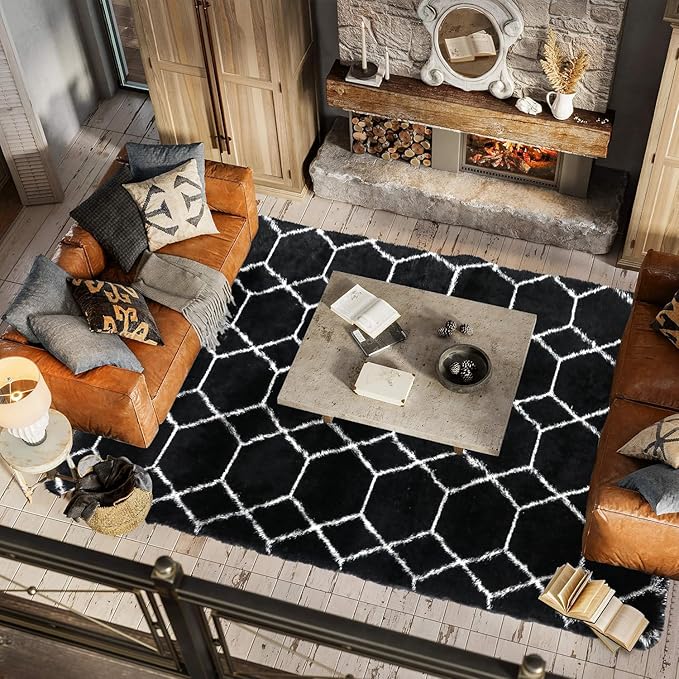 ONASAR Area Rugs for Bedroom Living Room, Fluffy 4x6 Black and White Rug, Geometric Washable Shaggy Plush Bedside Indoor Floor Carpet for Nursery Kids Teens Girls Boys Dorm Home Office Decor