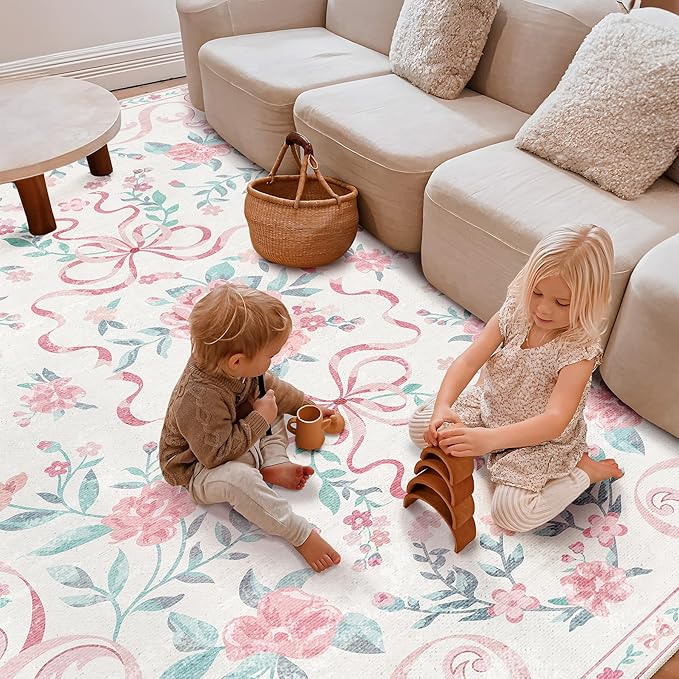 Pink Rug Bow Floral Rug for Girls, 5x7 Washable Area Rugs for Bedroom Living Room, Kitchen,Dining Room,Kids Room, Playroom, Cute Ultra-Thin Non Slip Low Pile Indoor Carpet