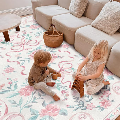 Pink Rug Bow Floral 8x10 Rug, Washable Area Rugs for Bedroom Living Room, Dining Room,Kids Room, Office,Playroom, Boho Modern Aesthetic Farmhouse Decor Non Slip Low Pile Carpet