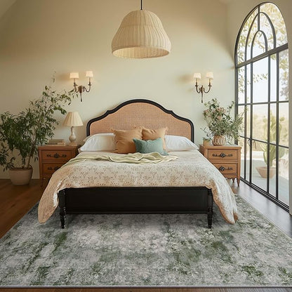 jinchan Washable Area Rug 8x10 for Living Room - Soft Faux Wool Ultra-Thin Stain Resistant Non-Slip Distressed Vintage Floral Large Carpet for Bedroom,Dining Room,Home Office,Nursery(Green, 8'x10')