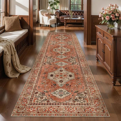 Tangsoo Boho 3x10 Runner Rug for Hallway Long Washable Hallway Runner Rugs, Non Slip Vintage Soft Low Pile Rug Runner, Oriental Terracotta 10ft Carpet Runners for Living Room Kitchen Bedroom Entryway