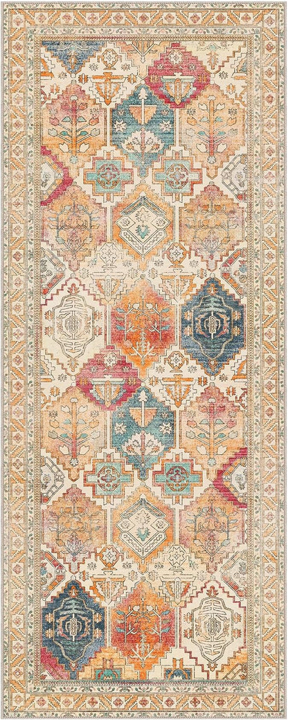 Bavni Kitchen Rug 2x5 Runner Rugs for Hallways Entryway, Washable Vintage Print Carpet, Ultra-Thin Chenille Low Pile Lightweight Rug with Non Slip Backing, Retro Multi