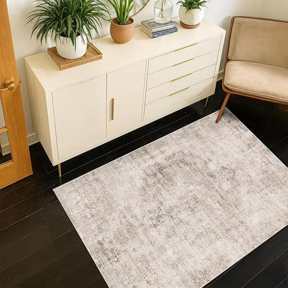 Washable Beige Brown Rugs for Entryway Indoor - 3x5 Throw Rug for Large Kitchen, Bedroom Bedside, Bathroom, Mudroom, Mordern Abstract Medallion Light Brown Décor, Non Slip Low Pile Fade Resistant