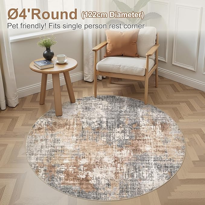 4ft Round Area Rug Living Room Rugs - 4x4 Washable Large Soft Indoor Neutral Modern Abstract Low Pile Rug Carpet for Bedroom Dining Room Farmhouse Home Office - Grey Brown