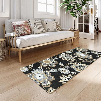 Lahome Floral 2x5 Washable Rug Runner - Black Entryway Kitchen Runner Rug Non-Slip Ultra-Thin Stain Resistant, Paisley Print Accent Carpet for Hallway Bedroom Laundry Living Room