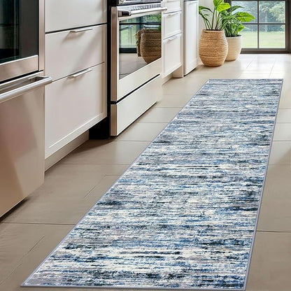 Modern Abstract Hallway Runner Rug, Grey Blue White Washable Kitchen Runner Non-Slip Soft 2x8 Runner Rug Thin Print Faux Wool Carpet for Entryway Bedroom Laundry Room Indoor Home Decor