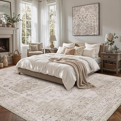 LUMI 8x10 Washable Area Rug for Living Room, Ultra Soft Vintage Rug with TPE Non Slip Backing, Stain Resistant, Low Profile Carpet High Traffic for Bedroom, Dining Room