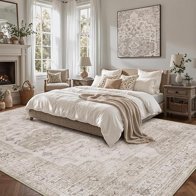 LUMI 4x6 Washable Low-Pile Area Rug for Living Room, Ultra Soft Vintage Rugs with TPE Non Slip Backing, Stain Resistant, Low Profile Carpet High Traffic for Bedroom, Dining Room