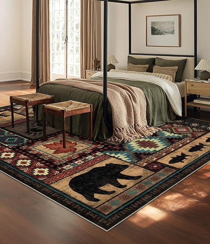 YIHOUSE Rustic Cabin Area Rug 8x10,Machine Washable Lodge Bear Rug,Non-Slip Low Pile Print Pattern Southwestern Rug for Living Room Bedroom