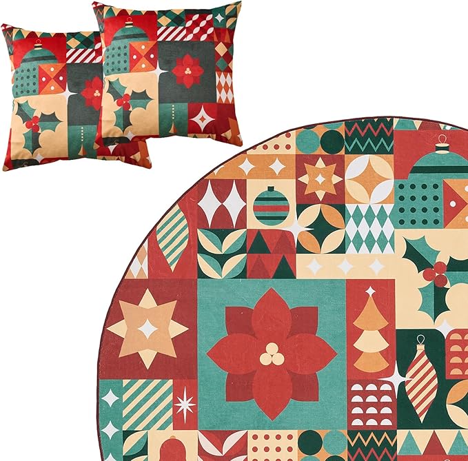 jinchan Round Christmas Rug 5ft for Living Room Washable Circle Christmas Bedroom Rug 5' Round Xmas Geometric Non-Slip Soft Carpet Festive Red-Green Holiday Patch Decor for Entryway Porch Kitchen