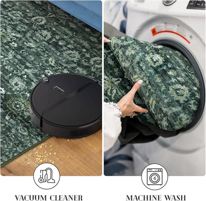 Vintage Runner Rug 2x12, Dark Green Washable Long Kitchen Runner Non-Slip Floral Soft Hallway Rug Runner Thin Print Faux Wool Carpet for Entryway Bedroom Laundry Room Indoor Home Decor