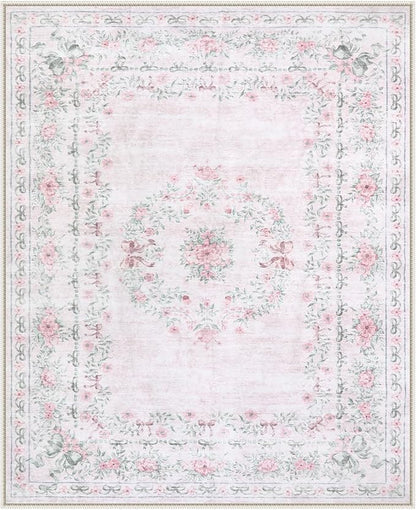 Wonnitar Floral Bow Print 8x10 Area Rugs, Washable Pink Rugs for Bedroom Girls, Boho Ultra-Thin Soft Non Slip Carpet for Nursery Living Room Kids Room Classroom Decor, Light Pink