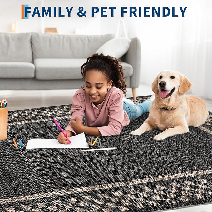 GarveeHome Area Rug 10x13 Living Room Rug Modern Bordered Soft Large Area Rugs for Bedroom Washable Checkered Dining Room Throw Carpet Non Slip Stain Resistant Geometric Rugs for Home Office, Black