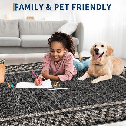 GarveeHome Modern Bordered 9x12 Area Rugs for Living Room Bedroom Soft Washable Large Bedroom Throw Carpet Non Slip Checkered Geometric Rugs for Dining Room Home Decor Office, Black