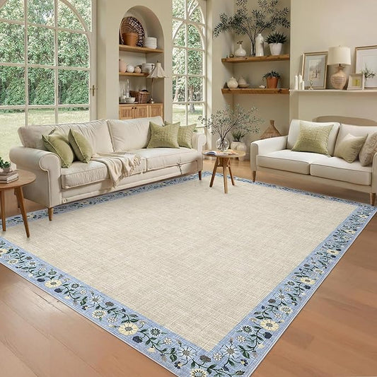 GarveeHome Washable Rugs for Living ROM 8 x 10 Large Area Rug Farmhouse Floral Bordered Bedroom Carpet Indoor Non-Slip Nursery Mat Soft Non Shedding Stain Resistant Carpet for Dining Room, Beige