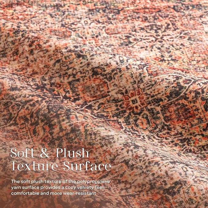 Phantoscope Washable Area Rug 8'x10' Non-Slip, Vintage Neutral Xmas Rugs for Living Room, Bedroom, Dining Room, Distressed Boho Floral Medallion Pattern, Low-Pile Foldable Carpet, Brick Red/Black