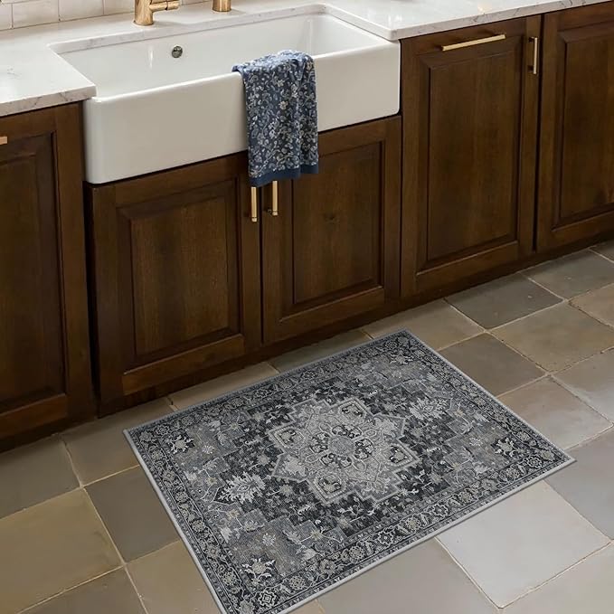 Area Rug 2x3 Doormat, Machine Washable Low Pile Rugs, Small Retro Entryway Mat for Entrance, Hallway, Kitchen and Corridor, Dark Gray