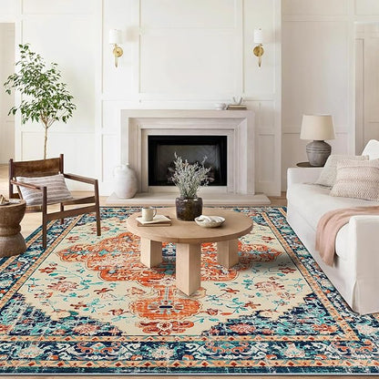 U'Artlines Boho Vintage Area Rug 8x10 Machine Washable Low Pile Soft Floor Carpet Non Slip Non Shedding Accent Rug for Living Room Bedroom Entryway Dining Room Office Orange/Multi