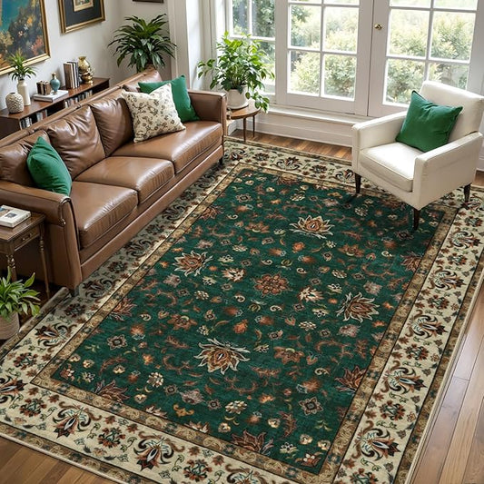 Tangsoo 5x7 Washable Rug, Floral Vintage Large Area Rugs for Living Room, Indoor Non Slip Print Floor Carpet, Soft Low Pile Machine Washable Rug for Bedroom Dining Room Dorm Home Decor Green