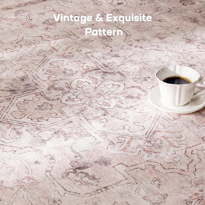 Marsail 5x7 Machine Washable Area Rug, Soft & Slip-Resistant Large Area Rug with Reinforced Bound Edges, Vintage Short-Pile Washable Rug with Floral Pattern for Living Room, Dinning Room and Bedroom