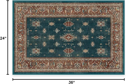 RUGGABLE Washable Vintage Area Rug – Verena Teal Blue 2x3, Stain-Resistant, Non-Slip – Small Machine Washable Rugs for Living Room, Bedroom, Hallway, Entryway & Bathroom–with Standard Pad