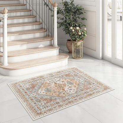 zesthome 2x3 Entryway Rug, Soft Washable Rugs, Non Slip Area Rug, Stain Resistant Low Pile Rugs for Bedroom, Vintage Rug for Door Mat, Kitchen (Orange,2'x3')