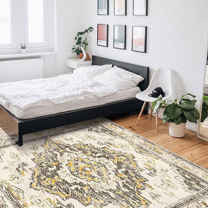 Bohemian Pattern Rectangular Area Rugs for Living Room Bedroom 4 x 6 ft Brown & Yellow Abstract Non-Shedding Soft Low Pile Rug Non Slip Washable Rug for Nursery Entryway Playroom