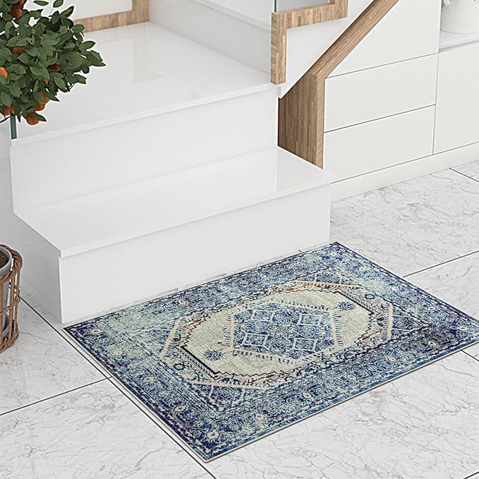 Easy-Going Boho Area Rug 3x5 Entryway Rug Washable Inside Door Mats for Home Entrance Non-Slip Vintage Distressed Small Rugs for Entry Living Room Bedroom Kitchen Office Lightweight Carpet, Blue Cream