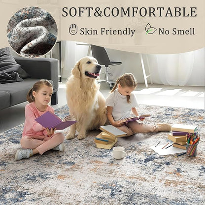 8x10 Washable Area Rug for Living Room, Multicolor Modern Vintage Abstract Rug Large Non-Slip Low Pile Soft Faux Wool Carpet, Kids and Pets Friendly for Bedroom Dining Room Farmhouse Home Decor Rug