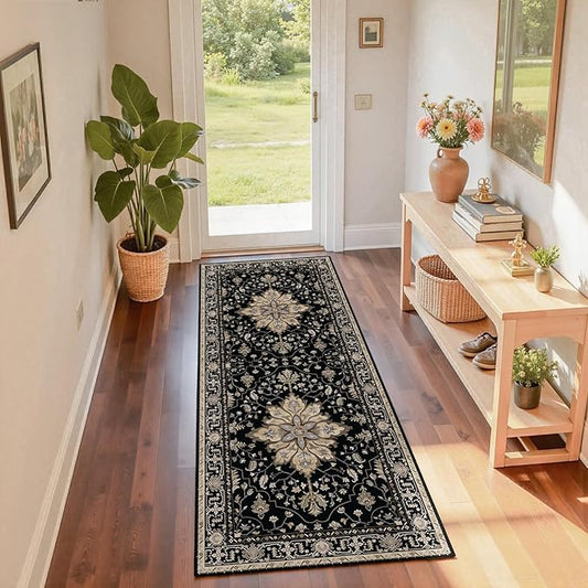 Area Rugs 2'x6' Washable Non-Slip, Floral Vintage Distress Print Pattern Medallion Carpet for Living Room Bedroom Dining Room, Black Brown Neutral Dark Tan
