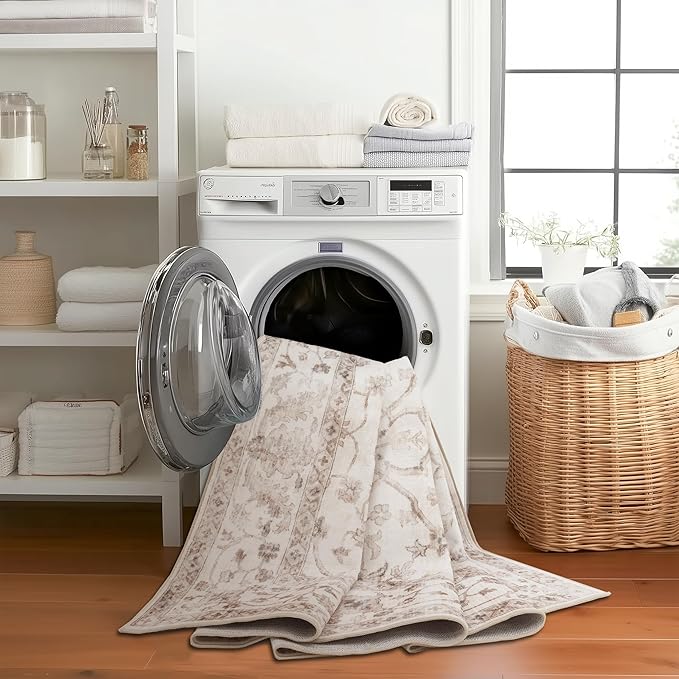 ReaLife Rugs Machine Washable Area Rug - Living Room Bedroom Bathroom Kitchen Entryway Office - Padded Low Pile Stain Resistant Premium - Boho Farmhouse Vintage - BEV - Beige 5' x 7'