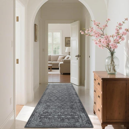 2'6"x8' Washable Runner Rug for Hallway, Non Slip Vintage Floral Long Carpet Runners for Entryway, Kitchen, Bathroom, Bedroom, Low Pile Laundry Rugs with Rubber Backing (Distressed Grey)