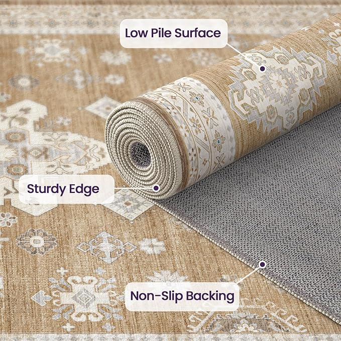 DEXI 5x8 Area Rug for Living Room, Washable Vintage Farmhouse Thin Rug Indoor Floor, Non Slip Stain Resistant Low Pile Carpet for Dining Room Bedroom Office, Light Brown