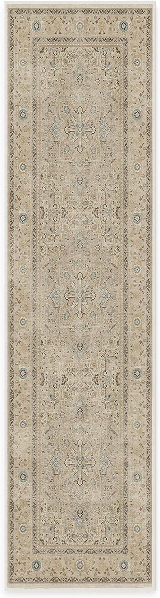 RUGGABLE Washable Vintage Runner Rug – Kamran Ivory Opal 2.5x10, Stain-Resistant, Non-Slip Hallway Runner – Machine Washable Rug for Hallway, Entryway, Living Room & Kitchen – with Standard Pad
