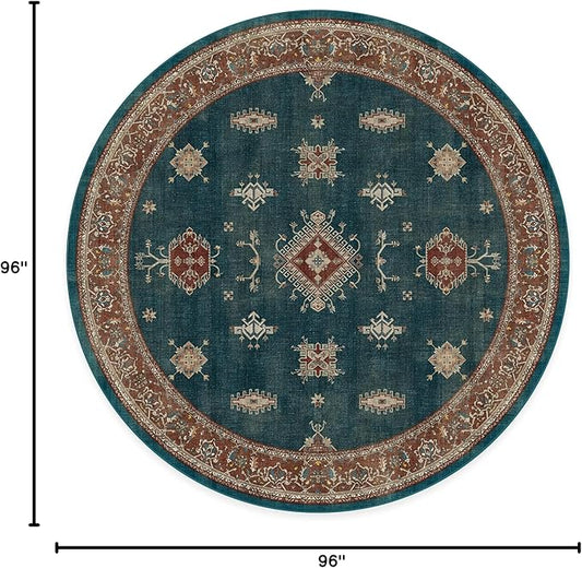RUGGABLE Washable Vintage Area Rug – Verena Teal Blue 8 ft Round, Stain-Resistant, Non-Slip – Large Machine Washable Rugs for Living Room, Bedroom, Hallway, Entryway & Office–with Cushioned Pad