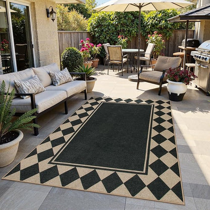 Moynesa Easy Jute Outdoor Rug 5x7 Area Rugs, Washable Checkered Rugs for Living Room Non Slip, Farmhouse Neutral Carpet for Backyard Dining Room Balcony, Black Grid Pattern