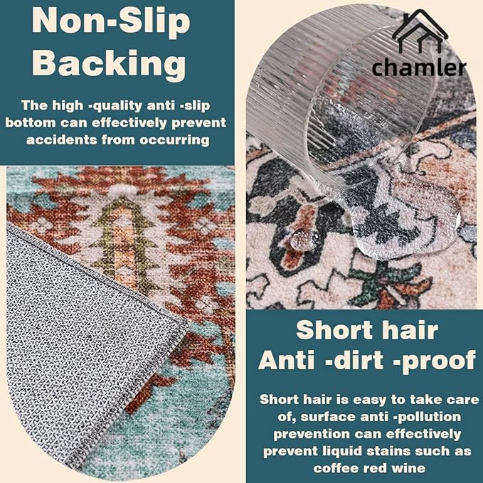 3x5 Washable Area Rug Thin Vintage Tangerine Traditional Floor Cover Foldable Indoor Distressed Non Slip Carpet Floral Print Mat Rugs for Bedroom Living Room Bathroom