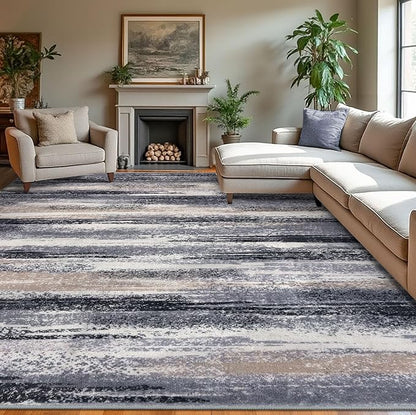 Modern Abstract 9x12 Large Machine Washable Living Room Rug Non-Slip Soft Bedroom Area Rug Grey Black Multi Ultra Thin Print Faux Wool Carpet Throw Rugs for Nursery Playroom Dining Room Indoor