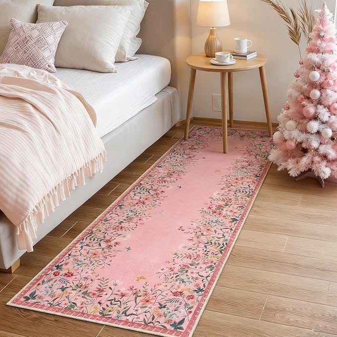 Wonnitar 2x6 Runner Rug for Hallways, Pink Floral Bathroom Rugs Non Slip Washable, Low Pile Soft Botanical Runner for Girls Bedroom Laundry Room Bedside (Pink,2'x6')