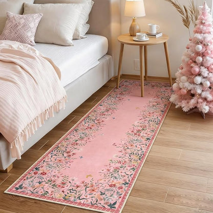 Wonnitar 2x6 Runner Rug for Hallways, Pink Floral Bathroom Rugs Non Slip Washable, Low Pile Soft Botanical Runner for Girls Bedroom Laundry Room Bedside (Pink,2'x6')