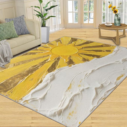 Boho Sun Area Rugs 8x10ft, Abstraction Deco Area Rug for Living Room, Minimalist Sunburst Modern Rug with Double Sided Carpet Tape for Bedroom Men Room Decor