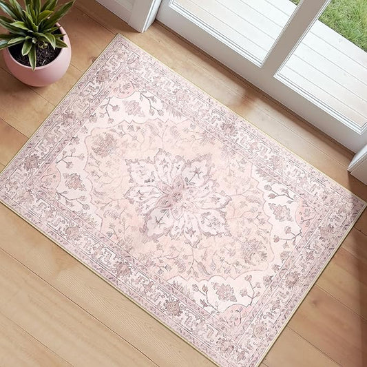 Area Rugs 2'x3' Washable Non-Slip, Floral Vintage Distress Print Pattern Medallion Carpet for Living Room Bedroom Dining Room, Pink Greypink Cute