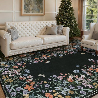 Wonnitar Washable 8x10 Rug, Non-Slip Soft Black Botanical Area Rugs for Living Room, Non-Shedding Large Bedroom Rug, Ultra-Thin Stain Resistant Floor Carpet for Dining Table (Black,8'x10')