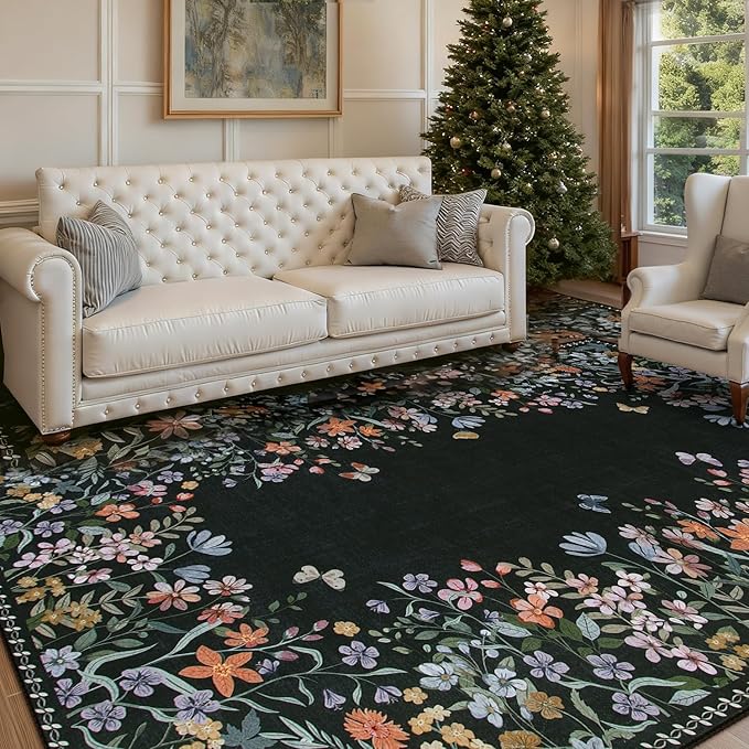 Wonnitar Washable 5x7 Rug, Black Botanical Area Rugs for Living Room, Non-Slip Soft Rug for Bedroom, Vintage Low Pile Dining Room Floral Rug Carpet for Bedside Mud Room (Black,5'x7')