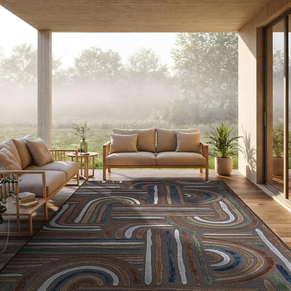 CAMILSON Indoor Outdoor Rug, Brown 6x9 Geometric Arch Striped Area Rugs for Patio and Home Areas, Easy-Cleaning Non-Shedding Living Room, Garden and Deck Washable Outside Carpet (6 x 9)