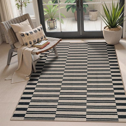 Lahome Striped Easy Jute Rug, 3x5 Outdoor Patio Porch Rug Washable Rugs for Entryway, Indoor Outdoor Living Room Carpets, Farmhouse Neutral Non Slip Black Carpet for Backyard Bedroom RV